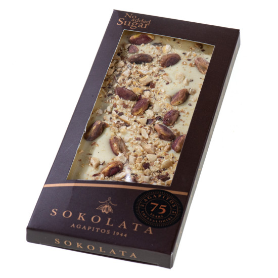 Bară hand made de ciocolată albă cu fistic fără zahăr 100 gr