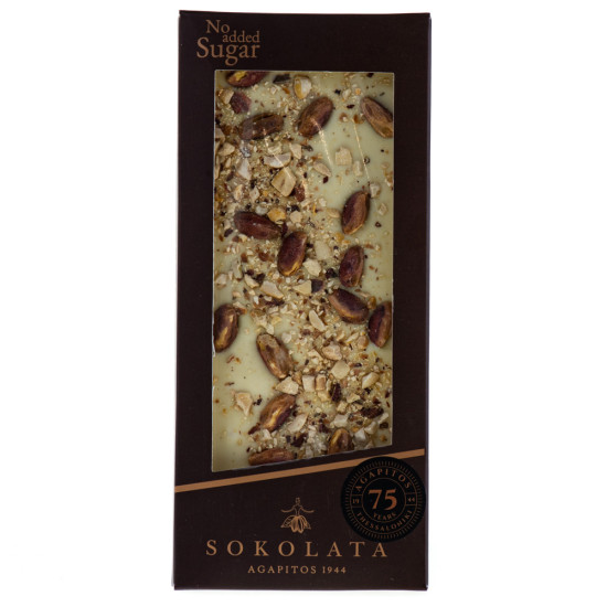 Bară hand made de ciocolată albă cu fistic fără zahăr 100 gr