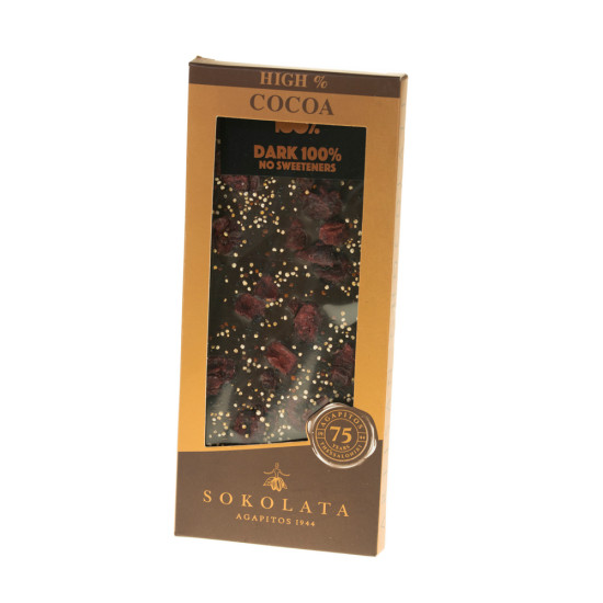 Bară hand made de ciocolată neagră 100% cu merișoare, quinoa & scorțișoară 100 gr