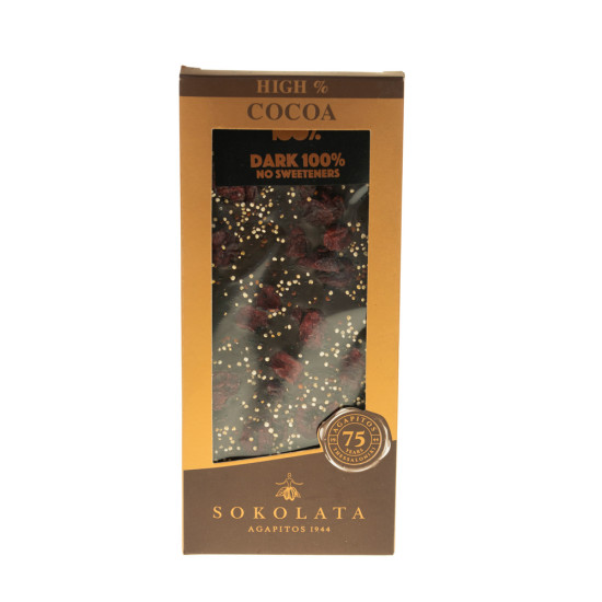 Bară hand made de ciocolată neagră 100% cu merișoare, quinoa & scorțișoară 100 gr